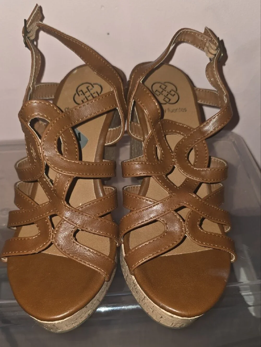 Tan Leather Strappy Cork Wedge Sandals